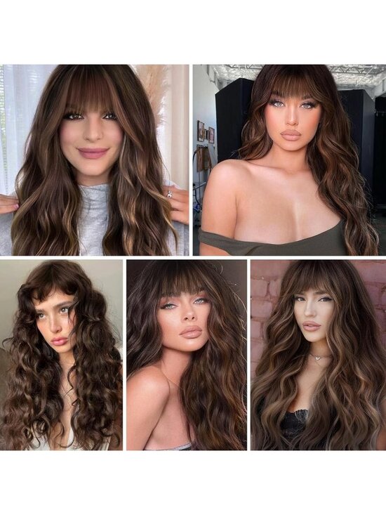 Women\'s Dark Brown Heat Resistant Long Curly Wavy Synthetic Wig Bang Size 26In